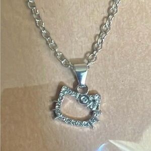 Silver tone Kitty Pendant Necklace with Clear Rhinestones